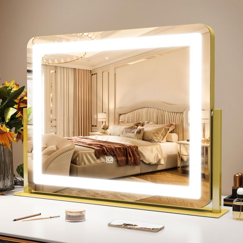 Photo 1 of Gold Vanity Mirror Makeup Mirror with Lights, Large Lighted Vanity Mirror, Light Up Mirror with Smart Touch 3 Colors Dimmable, Tabletop Mirror for Makeup Desk, 360° Rotation, 22" x 19"
