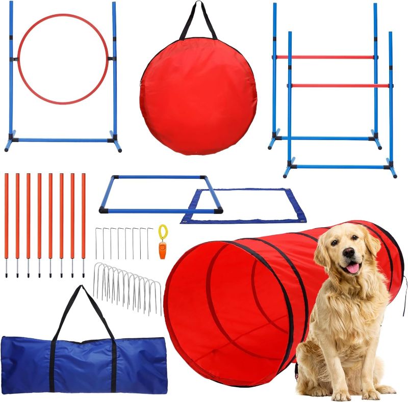 Photo 1 of 15 Piece Dog Agility Course Backyard Set- Dog Agility Training Equipment Set Includes: Dog Agility Tunnel, 3 Dog Agility Jumps, 8 Dog Agility Weave Poles & More- Best Dog Obstacle Course Backyard Set w/ Extra Stability Stakes