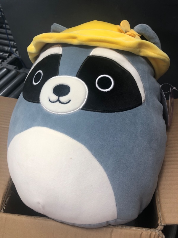 Photo 2 of *USED*Squishmallows Original 14-Inch Rocky Grey Raccoon with Yellow Bucket Hat - Official Jazwares Large Plush