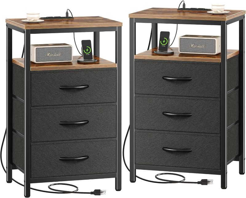 Photo 1 of (PARTS ONLY)Huuger Nightstands Set of 2, 27.6 Inch End Tables with Charging Station, Side Tables with Fabric Drawers, Bedside Tables with USB Port and Outlet, Night Stands for Bedroom, Rustic Brown and Black