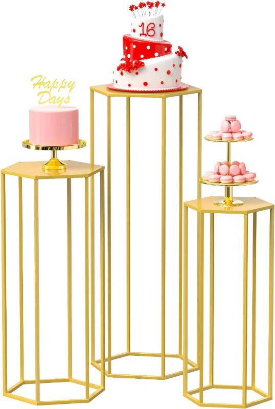 Photo 1 of 
Wokceer Hexagon Pedestal Stand Cylinder Stands for Party 35.43" Set of 3 Gold 