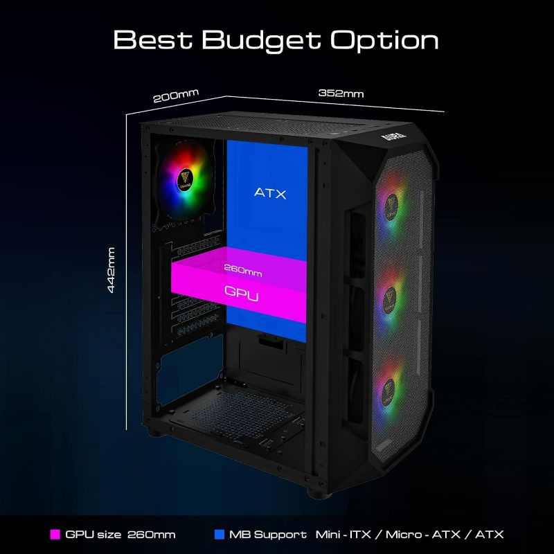 Photo 4 of GAMDIAS ATX Mid Tower Gaming Computer PC Case with Side Tempered Glass, 4X 120mm ARGB Case Fans and Sync with 5V RGB Motherboard AURA GC1