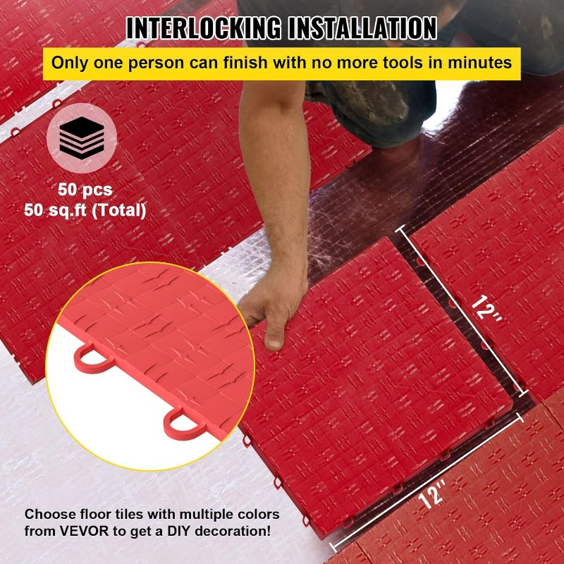 Photo 3 of (READ FULL POST) VEVOR Garage Tiles Interlocking, 50 pcs Red 12" x 12" Garage Floor Covering Tiles, Non-Slide Diamond Plate Garage Flooring Tiles Support 55000 lbs for Basement, Gym 50 Pack Red