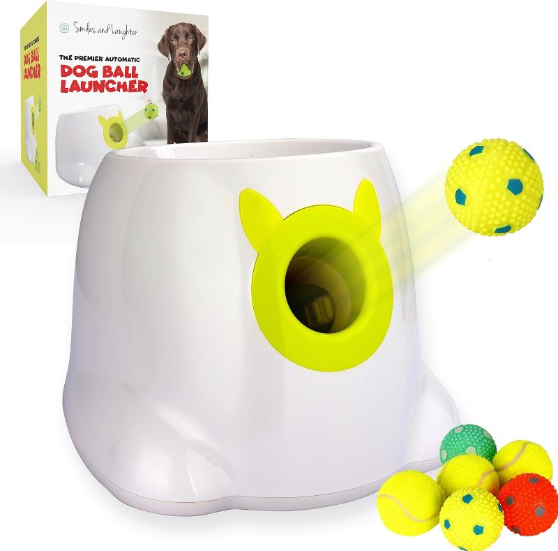 Photo 1 of Automatic Dog Ball Thrower Launcher - Dog Fetch Machine for Small to Medium Sized Dogs, Adjustable Launch Distances, Ball Launcher for Dogs with 6 Tennis/Latex Balls, Dual Power, Ball Thrower for Dogs
