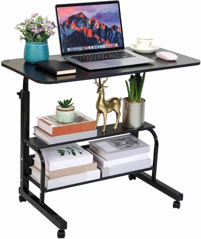 Photo 1 of Home Office Study Desk Corner Desk for Small Space Rolling Desk Mobile Computer Desk Portable Desk for Bedrooms Adjustable Desk Writing Desk with Storage Gaming Table Size 31.5x15.7 Incn Pure Black
