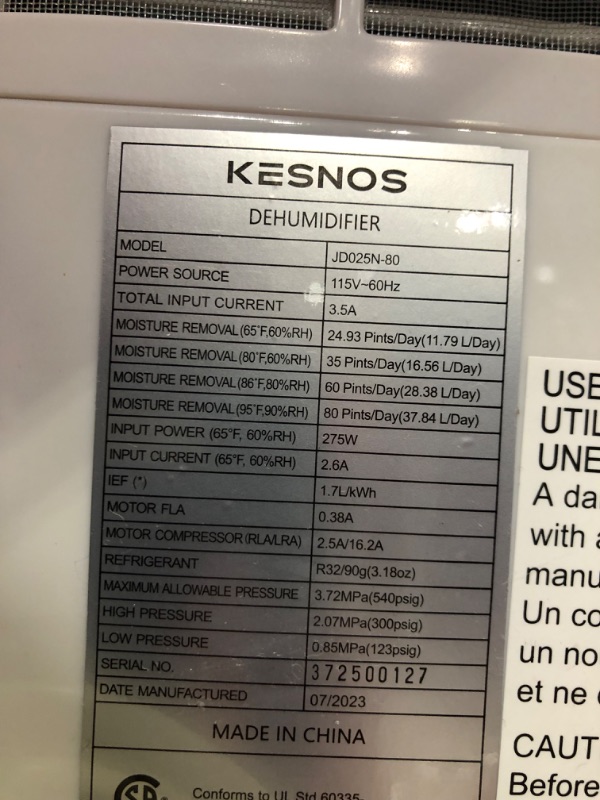 Photo 6 of ***NONREFUNDABLE - NOT FUNCTIONAL - FOR PARTS ONLY - SEE COMMENTS***
Kesnos 80 Pints Home Dehumidifier Most Efficient 2023 Energy Star for Space Up to 5500 Sq. Ft - Dehumidifier with Drain Hose for Basement, Home, Bathroom - Dehumidifier with Front Displa