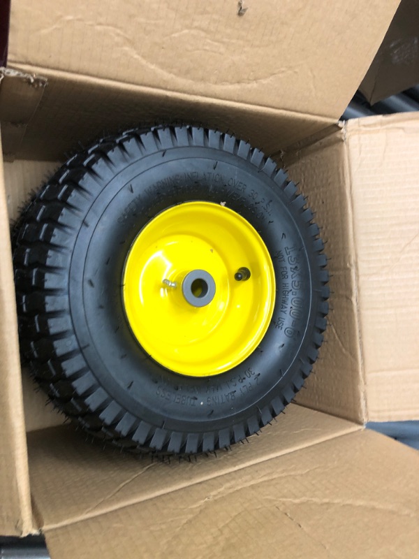 Photo 2 of (2 Pack) AR-PRO Exact Replacement 13" x 5.00-6" Front Tire and Wheel Assemblies for John Deere Riding Mowers - Compatible with John Deere 100 and D100 Series - 3” Centered Hub and 3/4” Bushings 13 x 5.00-6" Yellow