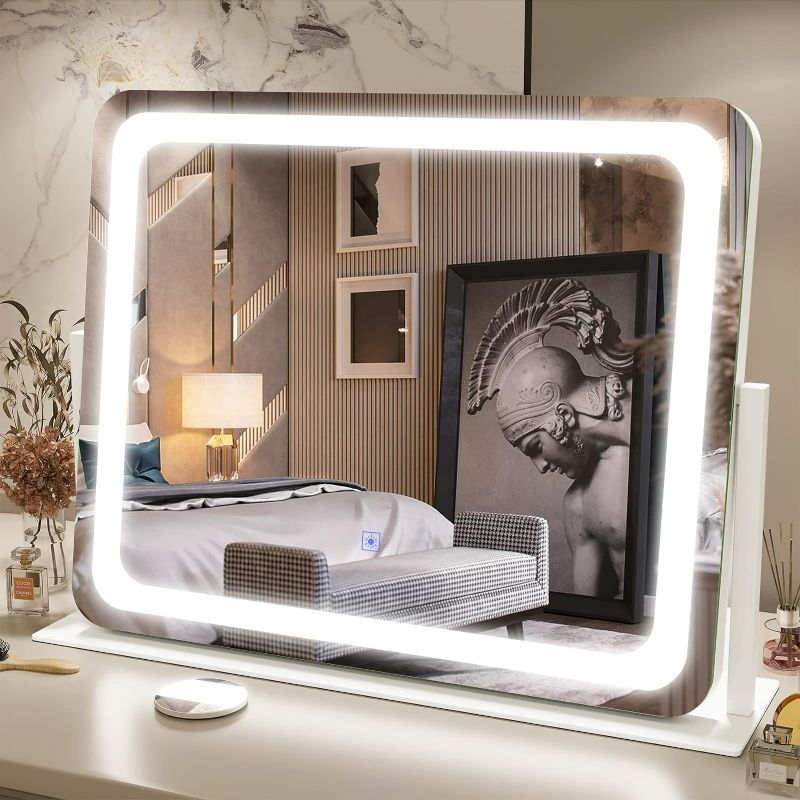 Photo 1 of (NON-REFUNDABLE) FENNIO Makeup Mirror with Lights - 18" X 22" Large 3-Color Dimmable LED Lighted Vanity Mirror, 5X Magnification Makeup Mirror, Smart Touch Screen, for Makeup Desk, Bedroom, Dressing Room White 18"x22"