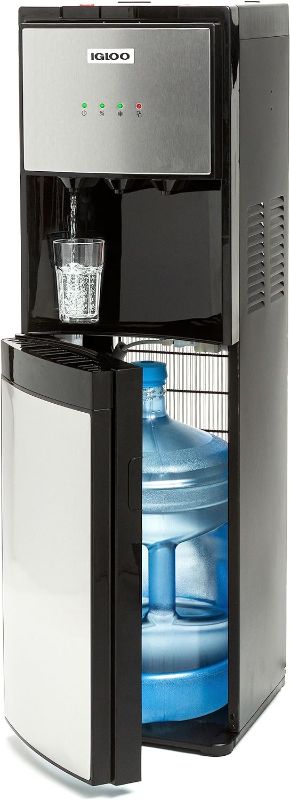 Photo 1 of ***SEE NOTES*** Igloo Stainless Steel Hot, Cold & Room Water Cooler Dispenser, Holds 3 & 5 Gallon Bottles, 3 Temperature Spouts, No Lift Bottom Loading, Child Safety Lock, Black/Stainless
