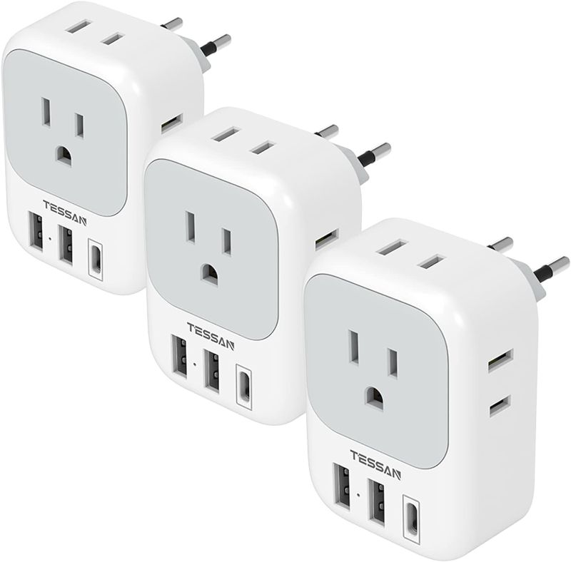 Photo 1 of 2 Pack European Travel Plug Adapter USB C, TESSAN US to Europe Plug Adapter with 4 Outlets 3 USB Charger (1 USB C Port), Type C Power Adaptor to Italy Spain France Portugal Iceland Germany, white gray