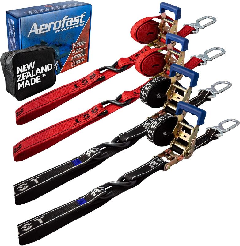 Photo 1 of 2 Packs Double Motorcycle Tie Down Bundle - Aerofast 1.5" x 8" Heavy Duty Tiedown with Soft Loop & Swivel Carabiner 