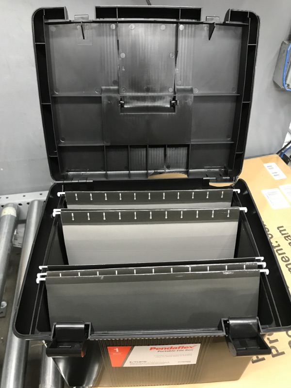 Photo 1 of Pendaflex Portable File Box with File Rails, Hinged Lid with Double Latch Closure, Black, 3 Black Letter Size Hanging Folders Included (41742AMZ)