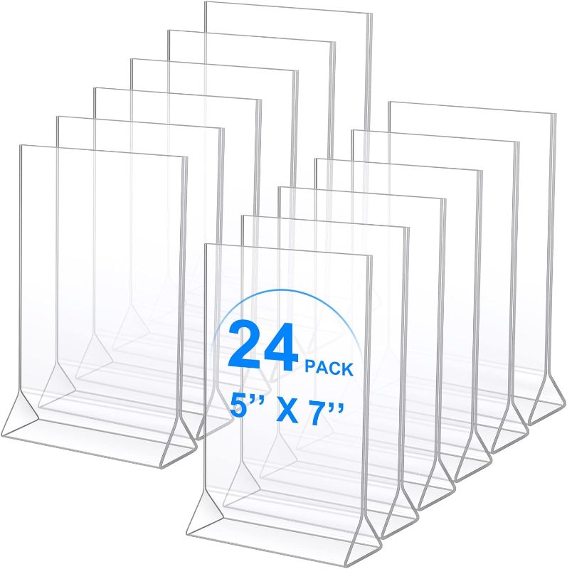 Photo 1 of 24 Pack Acrylic Sign Holder, Plastic Clear Table Display Holder Double Sided Menu Display Stands T Shaped Card Picture Frames for Office, Weddings, Meetings, Hotels, Restaurants (5 x 7 Inches)
