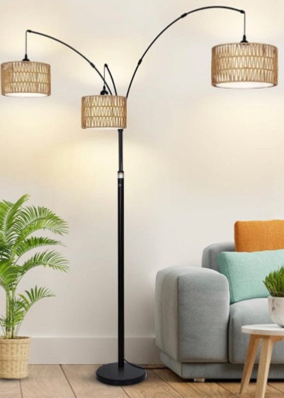 Photo 1 of 3 Lights Arc Floor Lamps for Living Room, Dimmable Floor Lamp with Rattan & Fabric Shades, Black Modern Arched Tall Standing Lamp