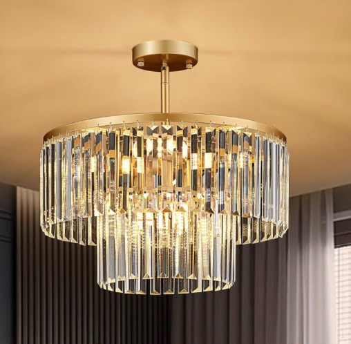 Photo 1 of 17.7“ Gold Semi Flush Mount 2-Tier Crystal Ceiling Light Fixtures for Dining Room Modern Industrial 8-Light Chandeliers Lighting for Bedroom Entryway Hallway Kitchen Island Living Room Foyer