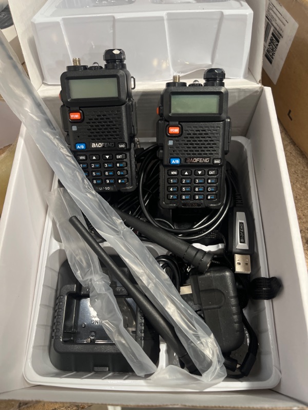 Photo 1 of BAOFENG UV-5G (UV-5X) GMRS Handheld Radio, Long Range Rechargeable Two Way Radio for Adults NOAA Weather Receiver & Scanner, with Two 15.5" High Gain Antenna & Programming Cable Support Chirp, 2 Pack 2PCS+Antenna+Cable