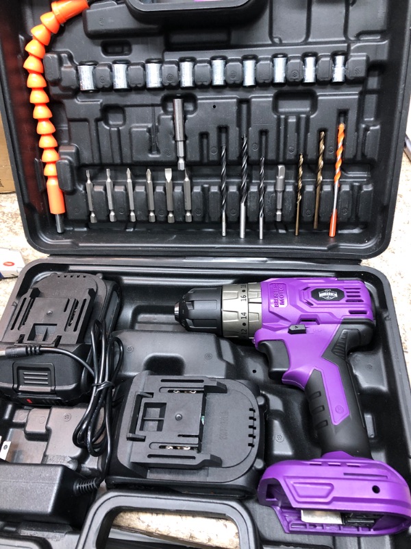 Photo 2 of Brushless Cordless Drill Set, 20V Compact Power Drill Driver, Purple Brushless Electric Drill Motor, 20+3 Torque Setting, 48 N.m, 2 Variable Speed, 23pcs Drill/Driver Bits, with Tool Box