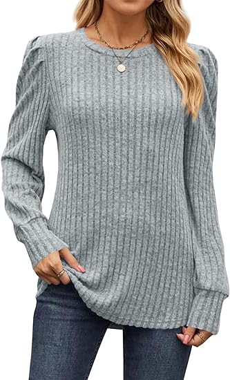 Photo 1 of Saodimallsu Womens Crewneck Puff Long Sleeve Shirts Knitted Ribbed Solid Tunic Tops