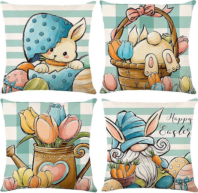 Photo 1 of *COVERS ONLY* Easter Pillow Covers 18x18 Set of 4, Easter Decorations, Spring Decoration Easter Gnomes Rabbit Egg Floral Home Sweet Home Holiday Decoration Throw Pillowcase Home Decoration
