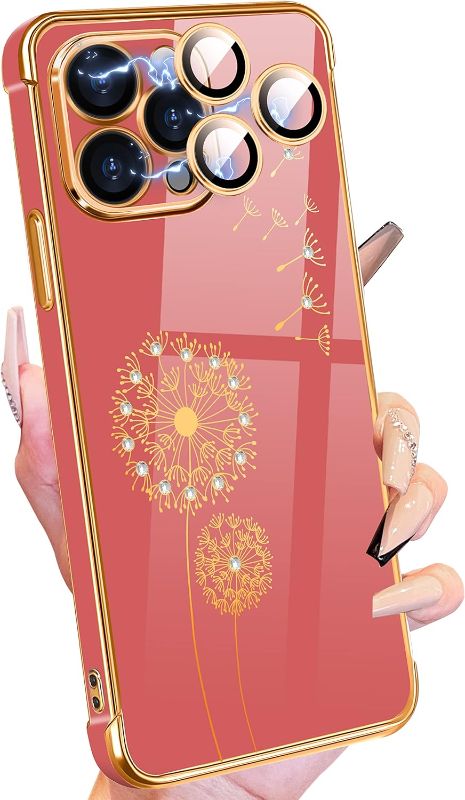 Photo 1 of Petitian for iPhone 14 Pro Max Case, Cute Women Girls Bling Glitter Dandelion Designed Phone Cases for iPhone 14 Pro Max, Girly Gold Plating Phone Cover for 14 Pro Max with Camera Protector Red
