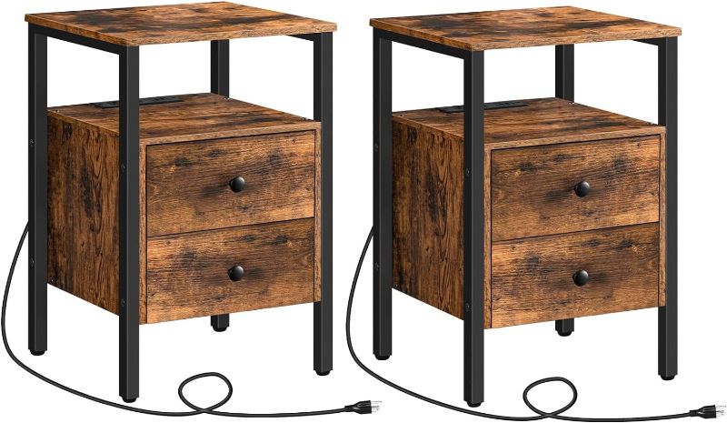 Photo 1 of End Table with Charging Station and USB Ports, Side Table with Drawers and Storage Shelf,  Bedside Table for Small Spaces, Living Room, Rustic Brown BF431BZP201
