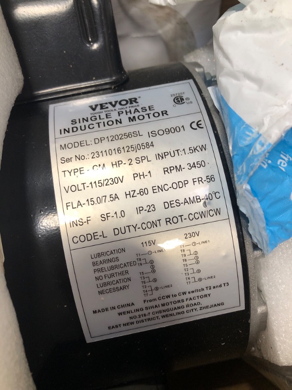 Photo 2 of VEVOR 2HP SPL Air Compressor Electric Motor, 115/230V, 15/7.5Amps, 56 Frame 3450RPM, 5/8" Keyed Shaft, CW/CCW Rotation, 1.88" Shaft Length for Air Compressors 2 HP Single Phase