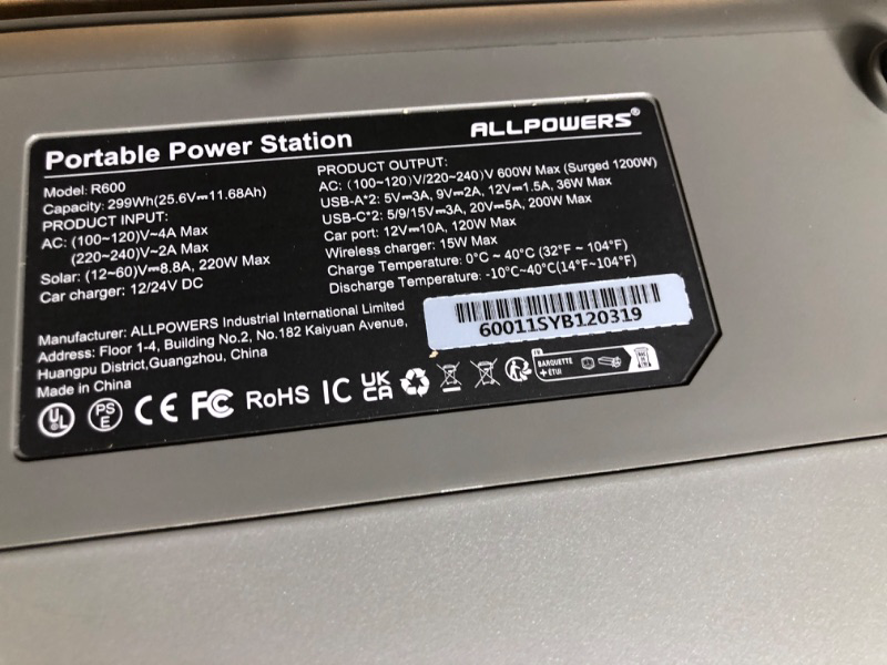 Photo 3 of (used)(powers on)(see all images) R600 Super-Quiet Portable Power Station, 299Wh 600W LiFePO4 Battery Backup with UPS Function