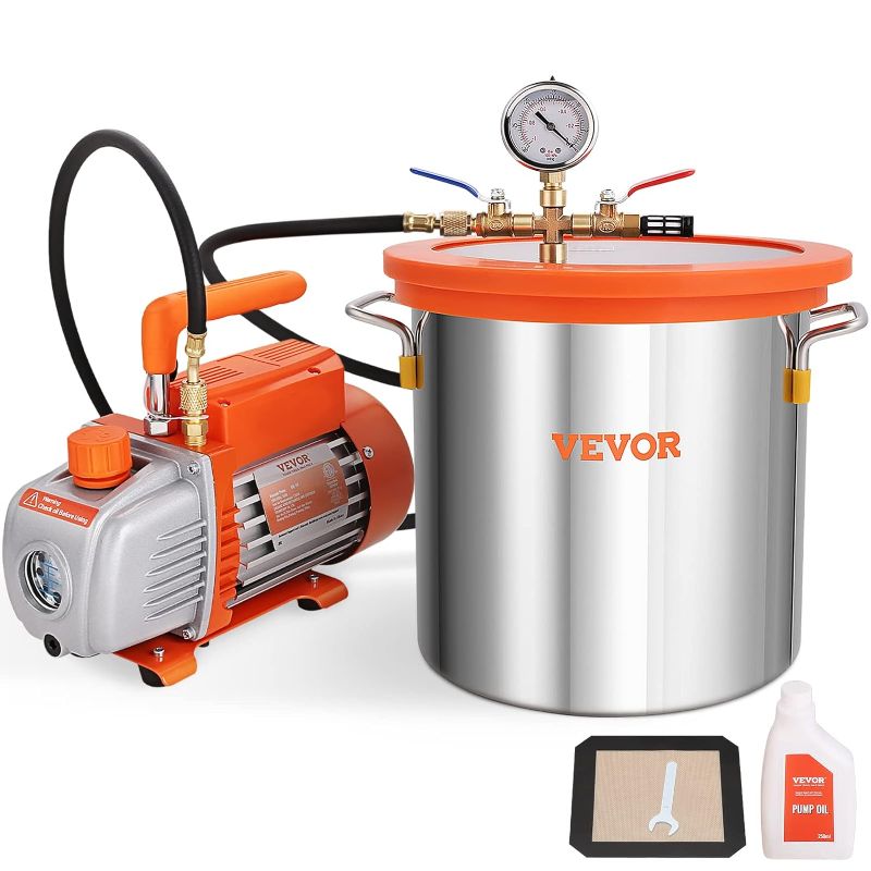 Photo 1 of **powers on**needs to be cleaned**
VEVOR 3 Gallon Vacuum Chamber and 3.5 CFM Pump Kit, Tempered Glass Lid Vacuum Degassing Chamber Kit, Single Stage Vacuum Pump with 250 ml Oil Bottle, for Stabilizing Wood, Degassing Silicones, Epoxies
