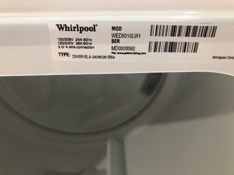 Photo 4 of Whirlpool
7 cu. ft. White Electric Top Load Moisture Sensing Dryer with Steam