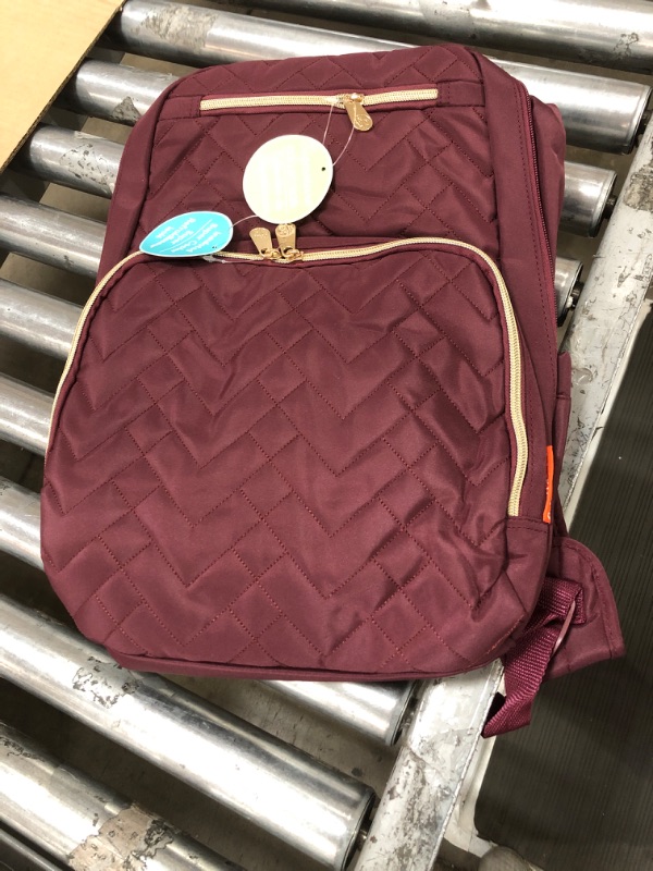 Photo 2 of Baby Essentials Fisher-Price Signature Morgan Quilted Backpack Diaper Bag with Changing Pad, Stroller Clips, Laptop Compartment (Burgundy)