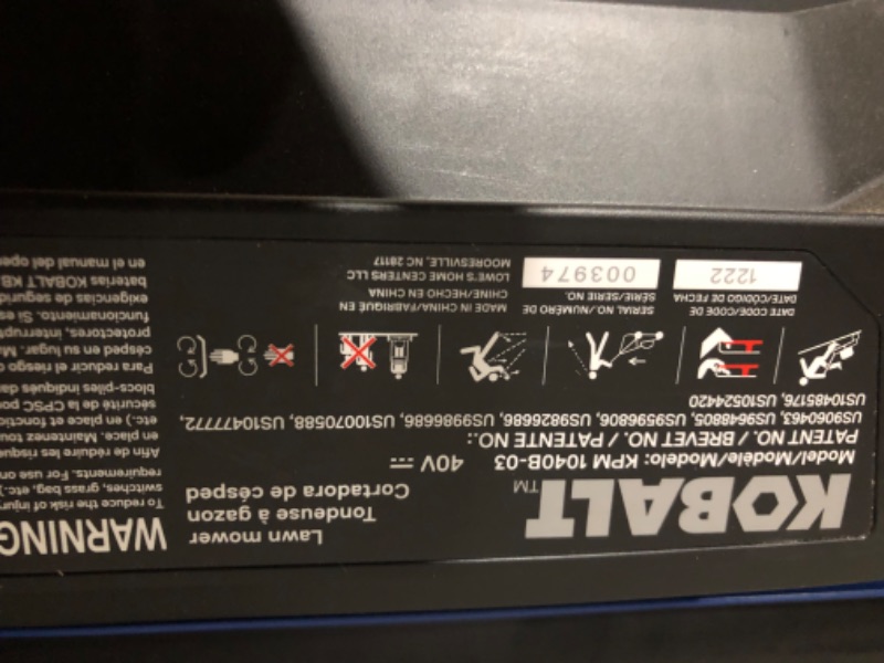 Photo 9 of ***ONE OF THE BACK WHEELS IS BROKEN, AND UNKNOWN IF MISSING PARTS, AND UNTESTED UNKNOWN IF FUNCTIONAL*** Kobalt 40-Volt Max Brushless Lithium Ion Self-propelled 20-in Cordless Electric Lawn Mower 