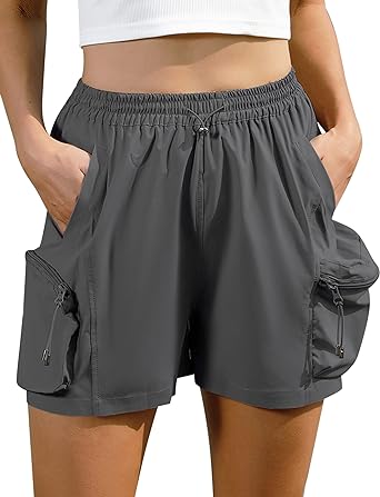 Photo 1 of Cowasto Womens Hiking Shorts with Zipper Pockets Lightweight Qucik Dry Cargo Shorts Elastic Wasit Atheltic Shorts small grey 