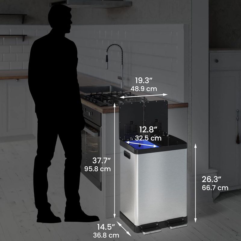 Photo 3 of (READ FULL POST) iTouchless 16 Gallon Dual Step Trash Can & Recycle, Stainless Steel Lid and Bin Body with Handle, Includes 2 x 8 Gallon (60L) Removable Buckets are Color-Coded, Soft-close and Airtight Lid, Silver Open Top, Dual 8 + 8(16 Gallon)