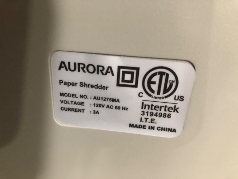 Photo 3 of ***NOT FUNCTIONAL - DOESN'T POWER ON - UNABLE TO TROUBLESHOOT***
Aurora AU1275MA Professional Grade 12-Sheet Micro-Cut Paper and CD/Credit Card Shredder/ 60 Minutes Continuous Run Time, White/Gray 12-Sheet Micro-cut/60-min Run Time Shredder