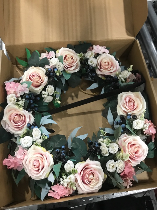 Photo 2 of 22 inch Large Artificial Rose Wreath Handmade Floral Wreath with Berry and Green Leaves, Spring Summer Garland Wreath for Front Door Wall Wedding Party Home Decor (Pink)