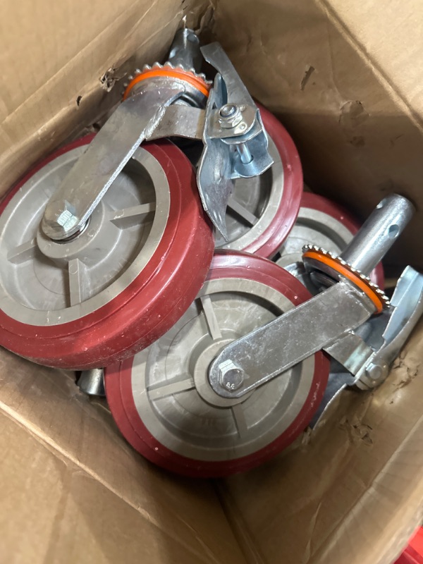 Photo 2 of VEVOR Scaffolding Wheels 8", Scaffold Wheels Set of 4, Heavy Duty Locking Casters 3200LBS Capacity, Locking Stem Casters with Brake, Red Polyurethane - Replacement for Scaffold, Shelves