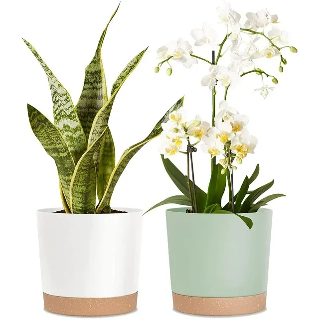 Photo 1 of 8'' Plastic Flower Planter Pots Set of 2 Indoor Outdoor Planters with Drainage Saucer for Garden Home (Green & White, 8 inch)