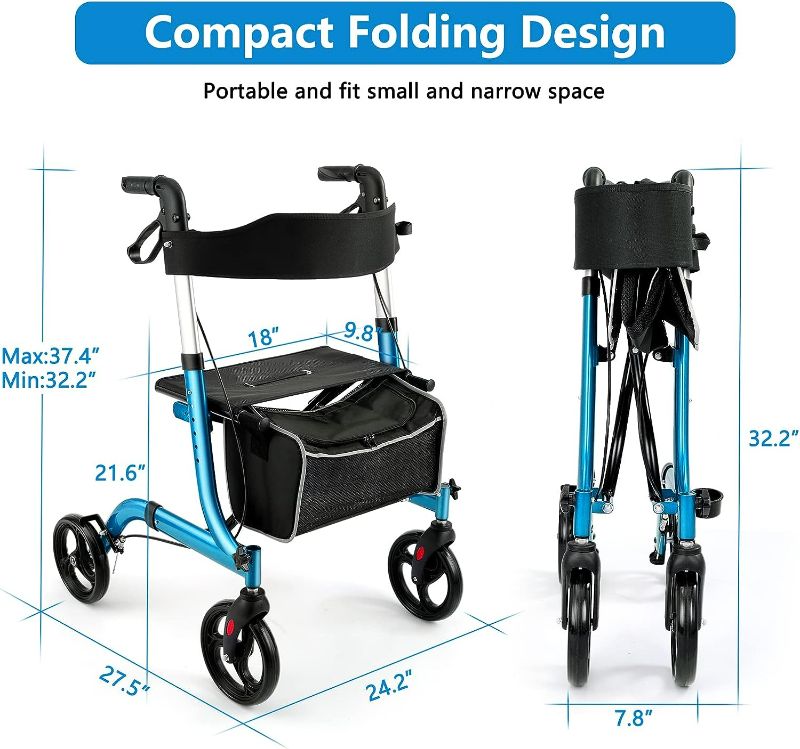 Photo 3 of (NON-REFUNDABLE) Healconnex Rollator Walkers for Seniors-Folding Rollator Walker with Seat and Four 8-inch Wheels-Medical Rollator Walker with Comfort Handles and Thick Backrest-Lightweight Aluminium Frame ,Blue