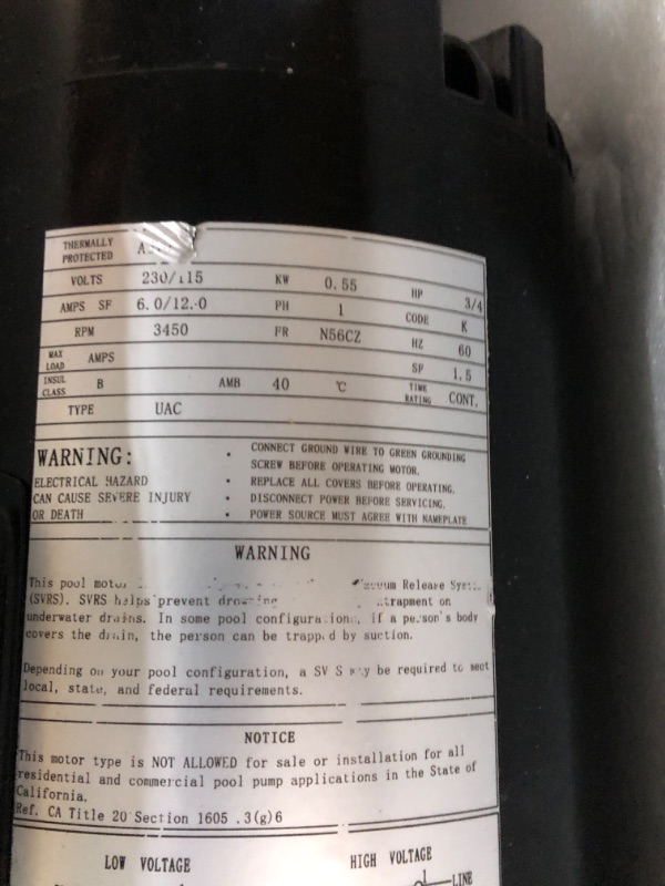 Photo 2 of B625 Pool Pump Motor replace A.O. Smith Century B625, for Polaris Vac-Sweep PB4-60, 3/4 HP, 3450 RPM, 115/230V for 56CZ Frame