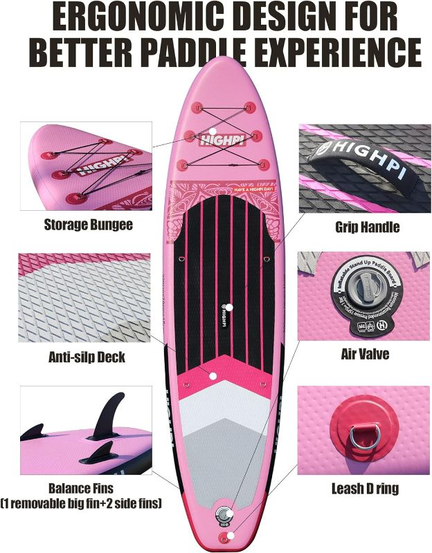 Photo 4 of (NON-REFUNDABLE) Highpi Inflatable Stand Up Paddle Board 10'6''/11' Premium SUP W Accessories & Backpack, Wide Stance, Surf Control, Non-Slip Deck, Leash, Paddle and Pump, Standing Boat for Youth & Adult Pink Hearts