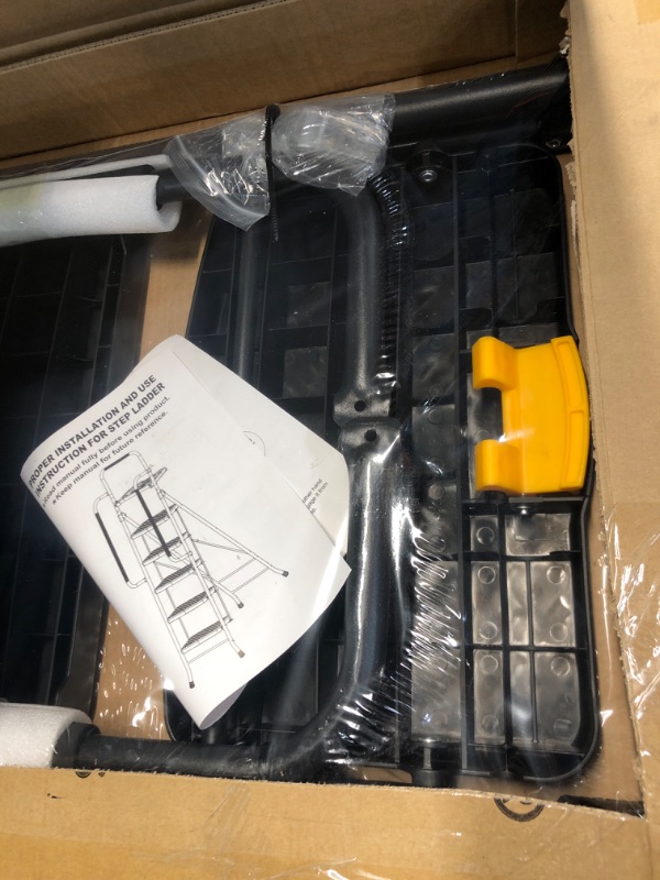 Photo 1 of ***USED - MISSING HARDWARE TO ATTACH ARMS - SEE PICTURES***
HBTower 5 Step Ladder with Handrails, Folding Step Stool with Tool Platform, 330 LBS Portable Steel Ladder for Adults for Home Kitchen Library Office, Black 5-Step with Tool Platform Black