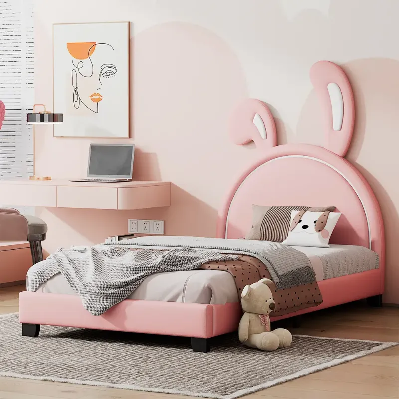 Photo 1 of **missing hardware** Twin Size Pink Upholstered Leather Platform Bed with Rabbit Ornament