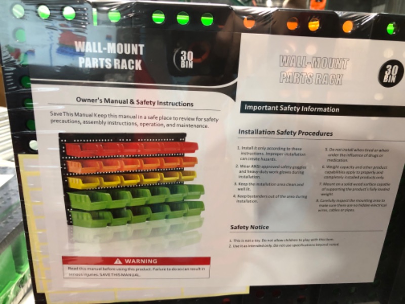 Photo 1 of SEE NOTES***
RIVTUN Wall Mounted Storage Bins Parts Rack 4 Colors Garage Plastic Shop Tool Organizer, ABS Plastic Garage Rack, Screw Storage 30 Bins