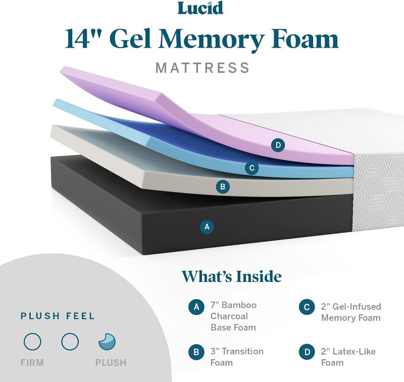 Photo 3 of (READ FULL POST) Lucid 14 Inch Queen Mattress – Medium Memory Foam Mattress – Bamboo Charcoal Foam – Gel Infused – Hypoallergenic Foam Mattress – Bed-In-A-Box- CertiPUR-US Certified,White Queen Medium Mattress Only