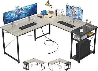 Photo 1 of Ecoprsio L-Shaped Desk with Power Station and USB, Large L Shaped Gaming Desk with Storage Shelves Industrial Corner Desk Writing Study Table for Home Office Gaming Workstation, Oak and White L Desk with Outlets Oak and White