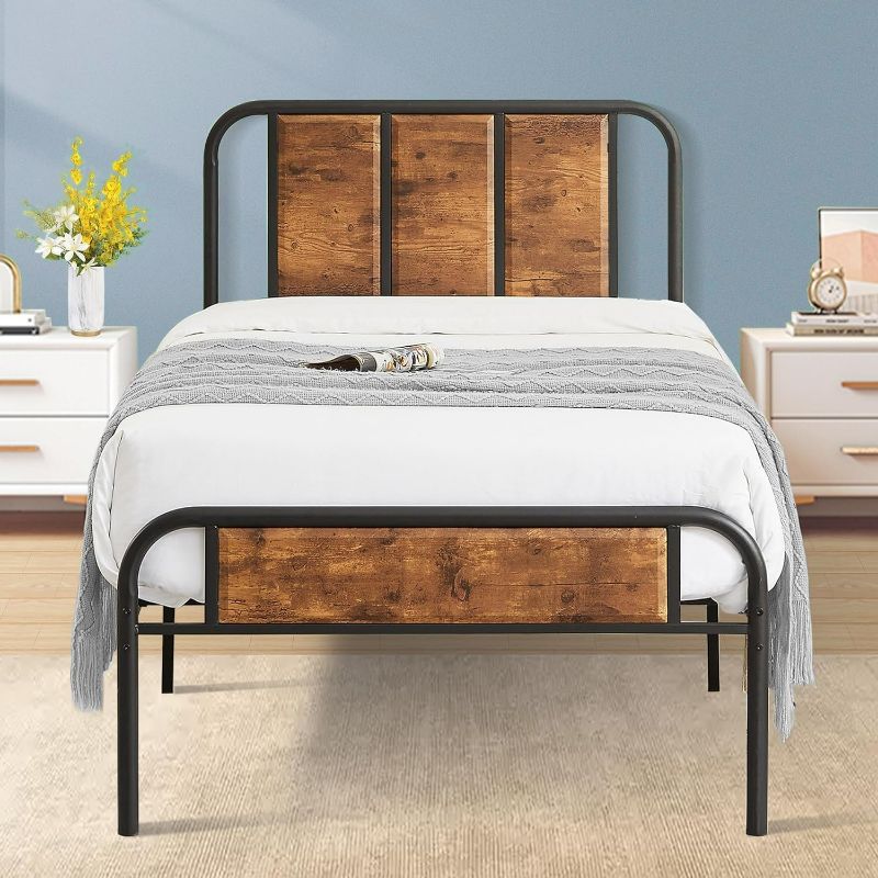 Photo 1 of (NON-REFUNDABLE) VECELO Queen Size Platform Bed Frame with Wood Headboard & Footboard, Heavy Duty Steel Mattress Foundation with Slat Support, No Box Spring Needed,Brown Brown Queen Retro