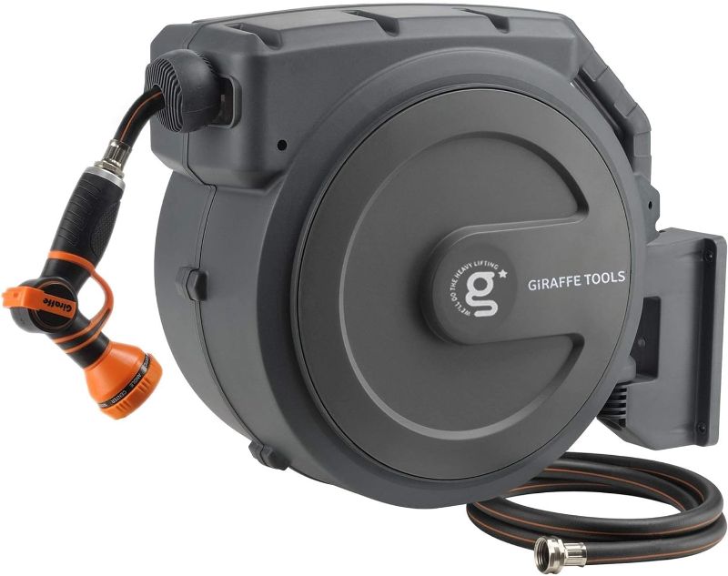 Photo 1 of 
Giraffe Tools Retractable Garden Hose Reel 1/2 Inch x 130 ft, Super Heavy Duty, Any Length Lock, Slow Return System, Wall Mounted and 180 Deg Swivel Bracket
Size:1/2 130FT