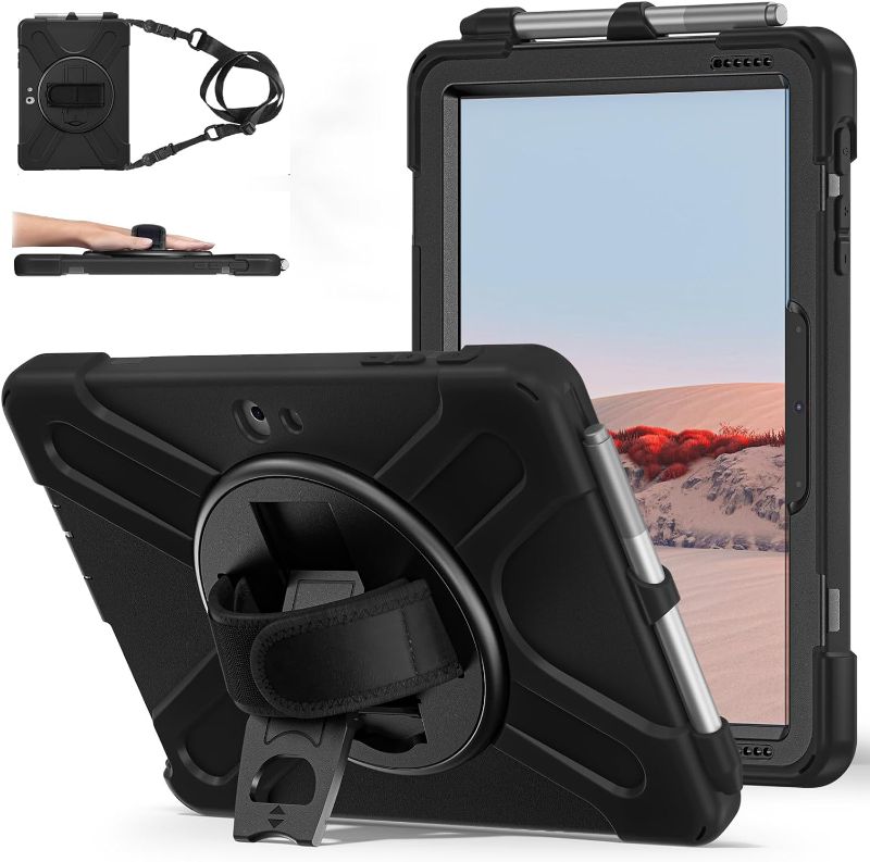 Photo 1 of ZenRich Rugged Case for Surface Go 4 (2023)/Surface Go 3 (2021)/ Surface Go 2 (2020), Surface Go (2018) with Pen Holder Heavy Duty Shockproof Case with Stand Hand Strap and Shoulder Belt-Black