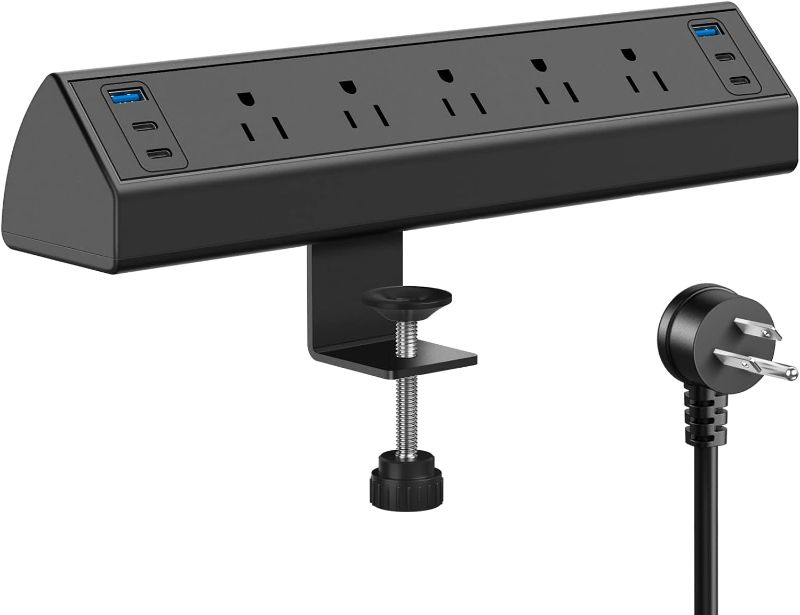 Photo 1 of 40W Fast Charging Station, Desk Clamp Power Strip with 4 PD USB-C Ports, 5 AC Outlets and 6ft Cord, Fits 1.6" Tabletop Edge