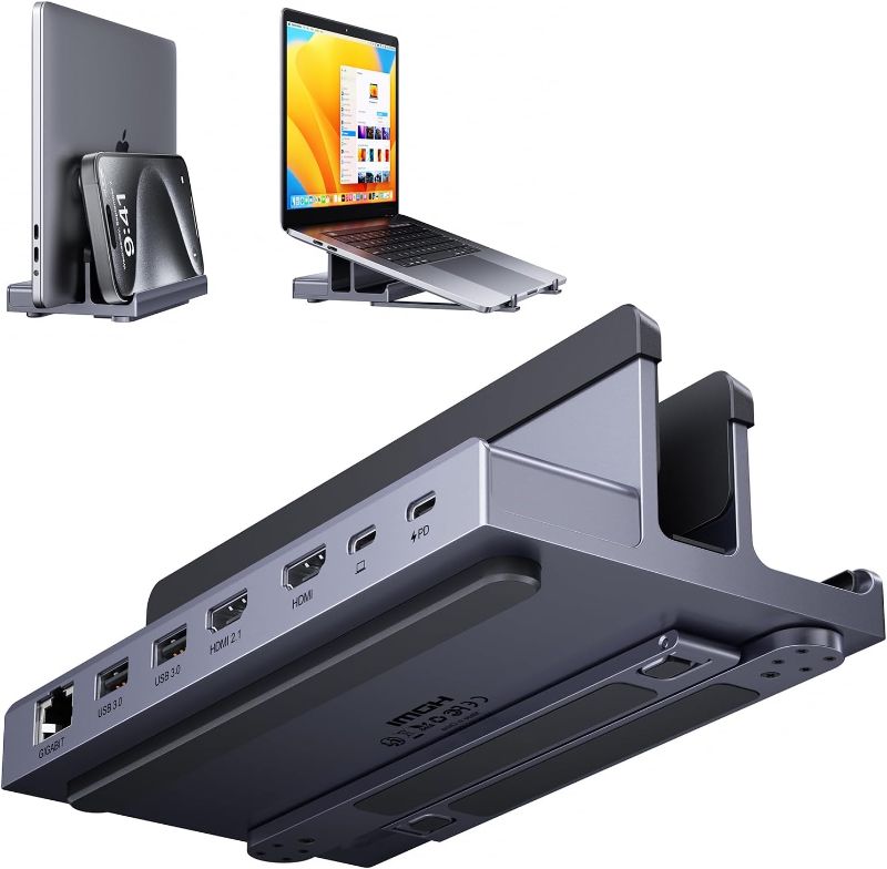 Photo 1 of Dual HDMI Docking Station Laptop Vertical Stand, QUUGE 7-in-1 USB C Dock with 8K@30Hz / 4K@120Hz 2*HDMI, 1Gbps Ethernet, 2*USB-A 5Gbps Data Transfer, 100W, Desktop Management Steam Deck